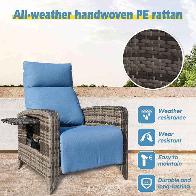 Outdoor Recliner Chairs Set of 2, Reclining Patio Chairs with Adjustable Back up to 150°Lay Flat and Extended Footrest, Wicker Recliner Chairs with Flip Table and Removable Olefin Cushion - Image 5