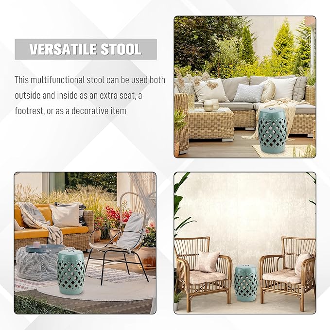 Outsunny 13" x 18" Ceramic Garden Stool with Woven Lattice Design & Glazed Strong Materials Decorative Outdoor Stool, Antique Blue - Image 5