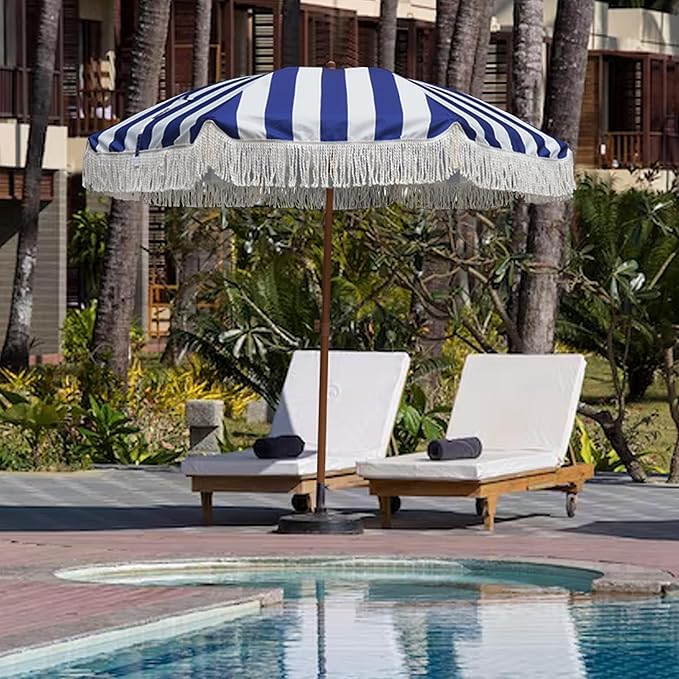 AMMSUN 7ft Patio Umbrella with Fringe Outdoor Tassel Umbrella UPF50+ Wood Color Steel Pole and Steel Ribs Push Button Tilt, Navy Stripe - Image 6