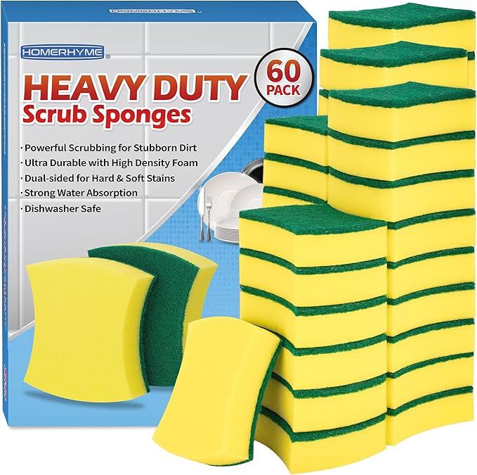 HOMERHYME Heavy Duty Sponges 60 Pack, Sponges Kitchen Double-Side Scratch-Free by HOMERHYME