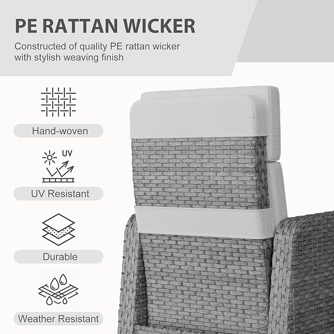 Restland Outdoor Recliner with Independent Adjustable Back & Footrest Wicker Patio Reclining Chair with Flip Table Comfortable Lounge Chair & Thick Cushion for Deck, Porch (3 Piece, Grey) - Image 6