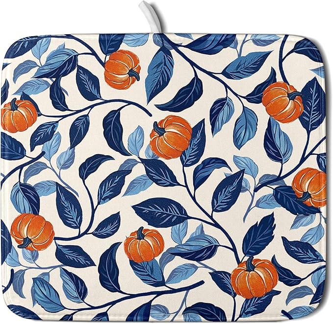 Autumn Pumpkin Dish Drying Mat for Kitchen Counter 16x18 Inch Blue and Orange by Kawani