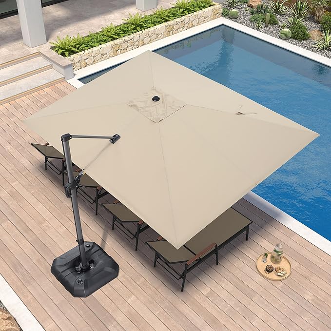 PURPLE LEAF 9'×11.5' Cantilever Patio Umbrella with Base Rectangle Offset Outdoor Umbrella Cover with Zipper for Garden Deck Pool Beige - Image 2