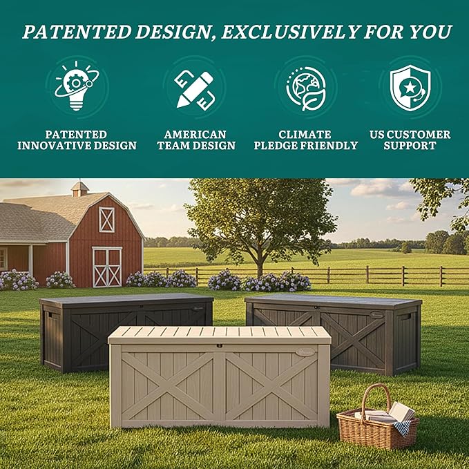 YITAHOME 150 Gallon Large Deck Box with X-Shaped Front, Resin Outdoor Storage Boxes, Waterproof Cushion Storage Bench for Patio, Pool Supplies, Garden Tools - Lockable, Taupe - Image 8