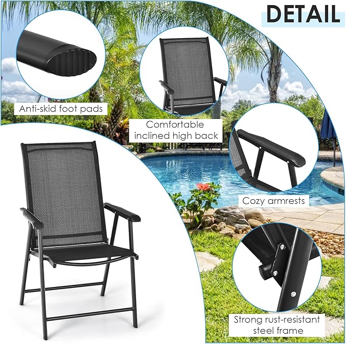 Giantex Set of 4 Patio Folding Chairs, Outdoor Chairs with Armrest, Portable Dining Chairs for Porch Camping Pool Beach Deck Lawn Garden, 4-Pack Patio Chairs, Metal Frame, Black - Image 6