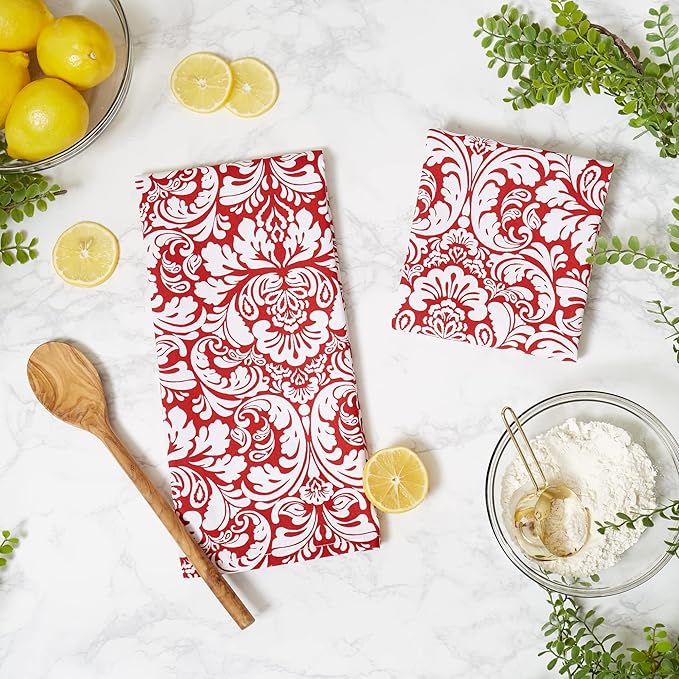 DII Cotton Dish Towel Set Damask Print, Tango Red - Image 5