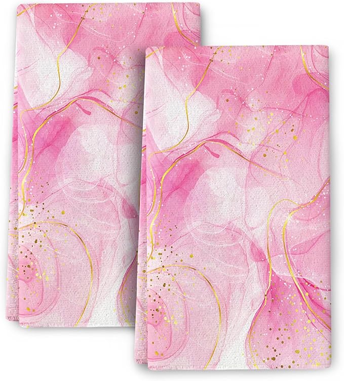 Pink Marble Kitchen Dish Towels and Dishcloths Sets of 2 Abstract Modern Dish by Wovoto