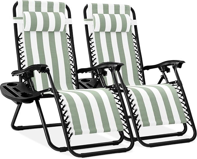 Best Choice Products Set of 2 Adjustable Steel Mesh Zero Gravity Lounge Chair Recliners w/Pillows and Cup Holder Trays - Sage Green Striped by BestChoiceProducts