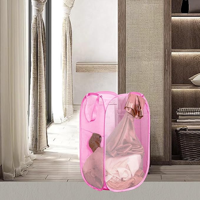 Portable Mesh Pop Up Laundry Hamper Pink Vertical Collapsible Laundry Basket - Image 4
