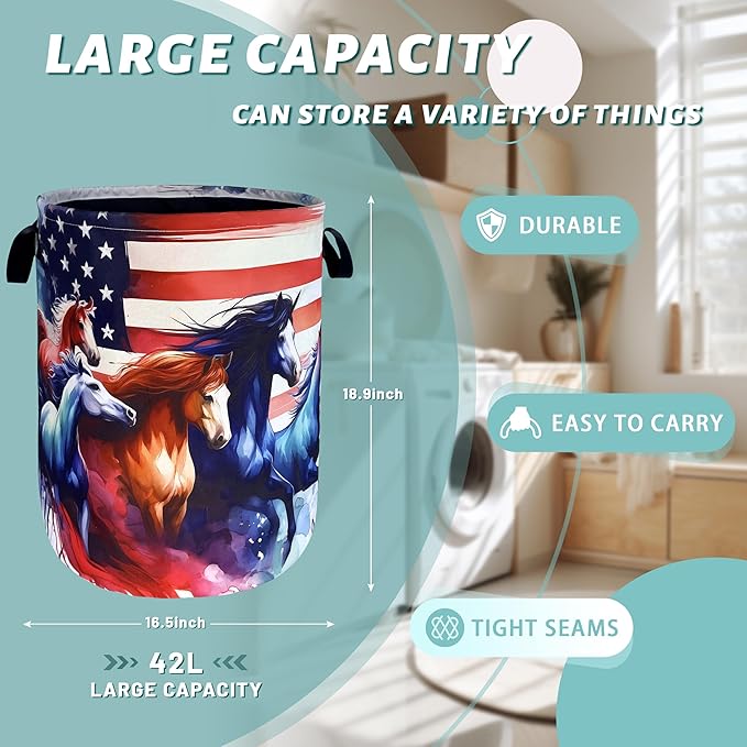 American Flag Horse Laundry Basket Patriotic Foldable Funny Laundry Hamper - Image 2