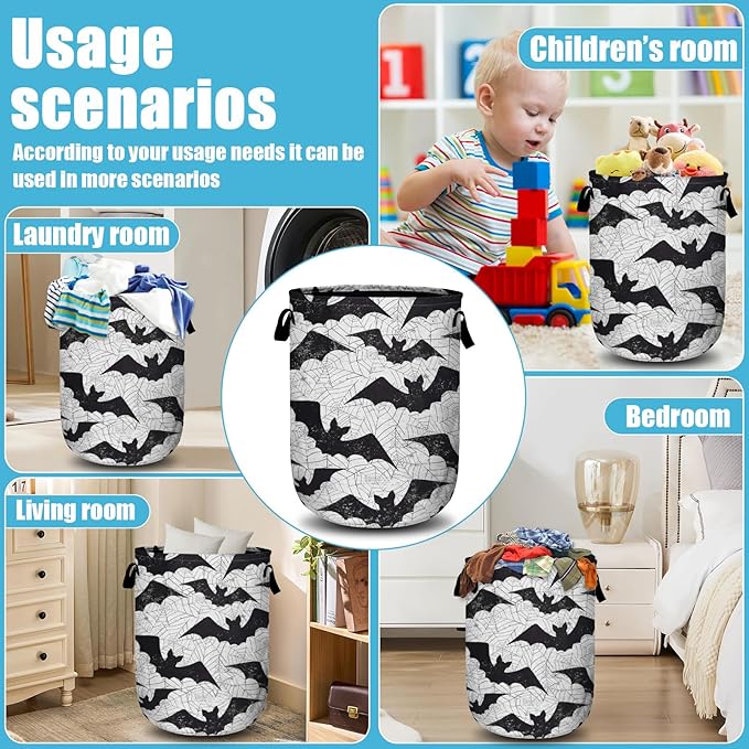 Retro Black White Bat Laundry Basket, Halloween Laundry Hamper Collapsible - Image 7