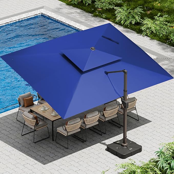 10 X 13 FT Cantilever Patio Umbrella with Led Lights and Base Included Outdoor Heavy Duty Double Top Rectangle Offset Umbrellas with 360-degree Rotation for Pool Deck Backyard, Navy by Ombrellon