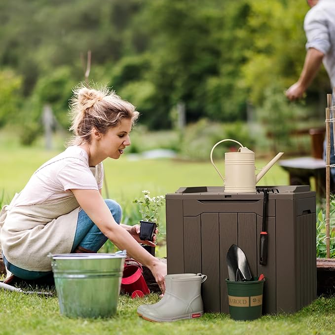 Flamaker Deck Box 31 Gallon Waterproof Resin Small Deck Box with Lid, Indoor Outdoor Package Delivery Box, Organization and Storage for Patio Furniture, Garden Tools, Outdoor Cushions (Deep Brown) - Image 4
