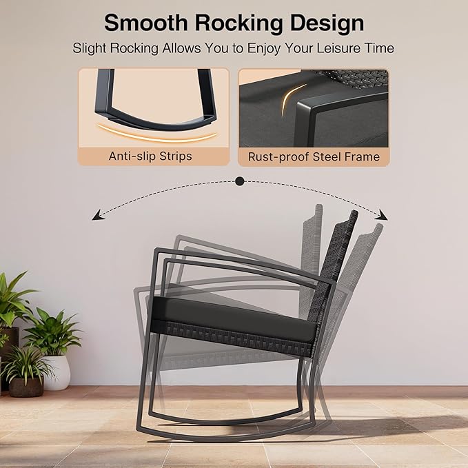 3 Pieces Patio Furniture Set Rocking Bistro Set, Outdoor Patio Furniture Set with Coffee Table for Garden Balcony Backyard Poolside (Black Cushion) - Image 3