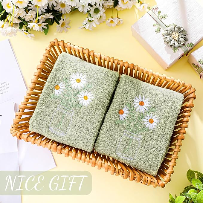 2 Pcs Daisy Flower Hand Towels Gray Green Bathroom Decor 14x29 Inch Embroidered - Image 6