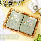 2 Pcs Daisy Flower Hand Towels Gray Green Bathroom Decor 14x29 Inch Embroidered - Image 6