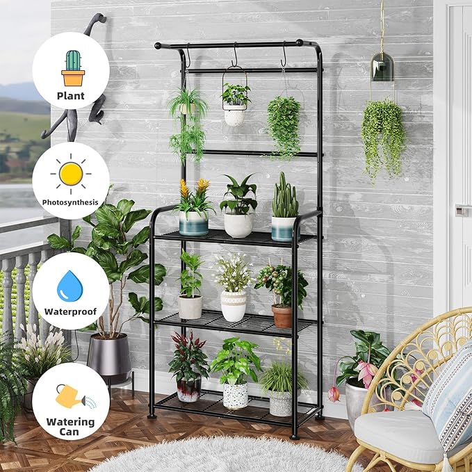 Plant Stands Outdoor with Hooks, Metal Tall Plant Shelves Indoor for Hanging Planter, Black - Image 4