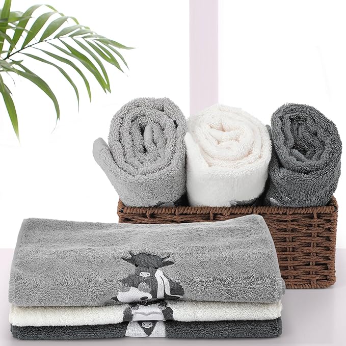 3 Pcs Highland Cow Hand Towels Bathroom Decor Highland Cow White and Gray - Image 6