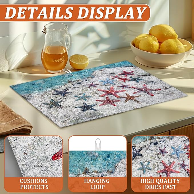 Sea Stars Dish Drying Mat for Kitchen Counter Microfiber Absorbent Dish Kitchen - Image 3