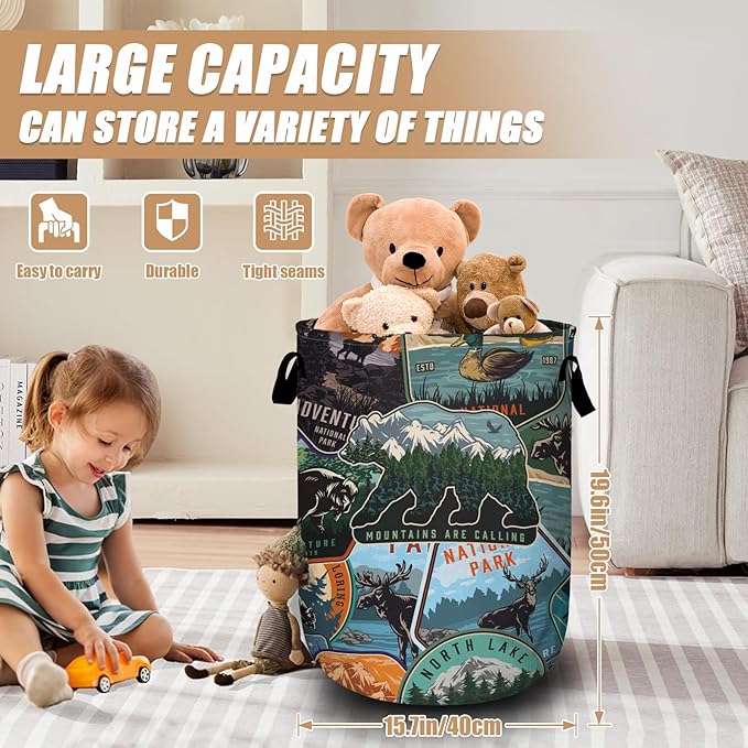 Retro Mountain Bear Laundry Basket, Foldable Wild Animals Laundry Hamper Tote - Image 2