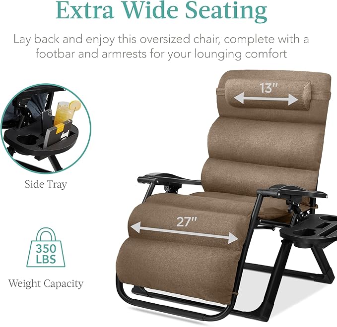 Best Choice Products Oversized Zero Gravity Chair, Folding Outdoor Patio Recliner, XL Anti Gravity Lounger w/Removable Cushion, Cup Holder, Side Tray, 350lb Capacity - Taupe - Image 5