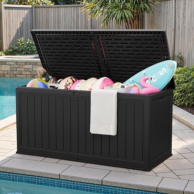 JUMMICO 270 Gallon Outdoor Storage Deck Box with Divider, Double Wall Storage Box with Lockable Lid for Garden Tools, Pools Supplies (Black) - Image 7