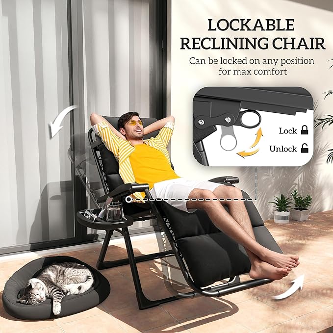 Outsunny Zero Gravity Chairs Set of 2, Reclining Folding Zero Gravity Lounge Chair, Outdoor Lounge Chairs with Removable Cushion, Headrest, and Cup Phone Holder Tray for Patio, Beach, Black - Image 4