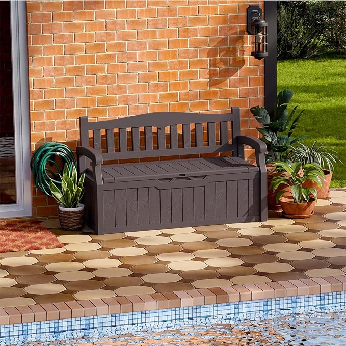 Patiowell 75 Gallon Plastic Storage Bench, Water-Resistant Deck Box for Patio Furniture, Garden Tools, Pool Storage and Outdoor Cushions, Brown by Patiowell
