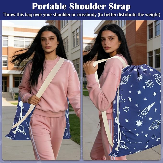 Canvas Laundry Bag with shoulder Strap 24"W x 29"H, Large Drawstring Dirty - Image 5