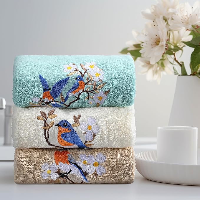 Bird Floral Hand Towels Farmhouse White Light Brown Turquoise Bird Bathroom - Image 5