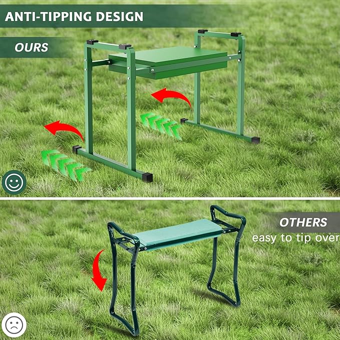 FLINTER Garden Kneelers Seat, Stable and Save Tip-Resistant Design 10.2" Wider Garden Kneeler and Seat with Handle, Heavy Duty Gardening Stool for Seniors, Gardening Weeding Bench for Parents - Green - Image 2