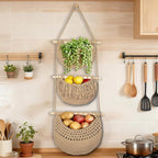 3 Tier Hanging Fruit Baskets for Kitchen, Boho Cotton Rope Handwoven Vegetable - Image 4