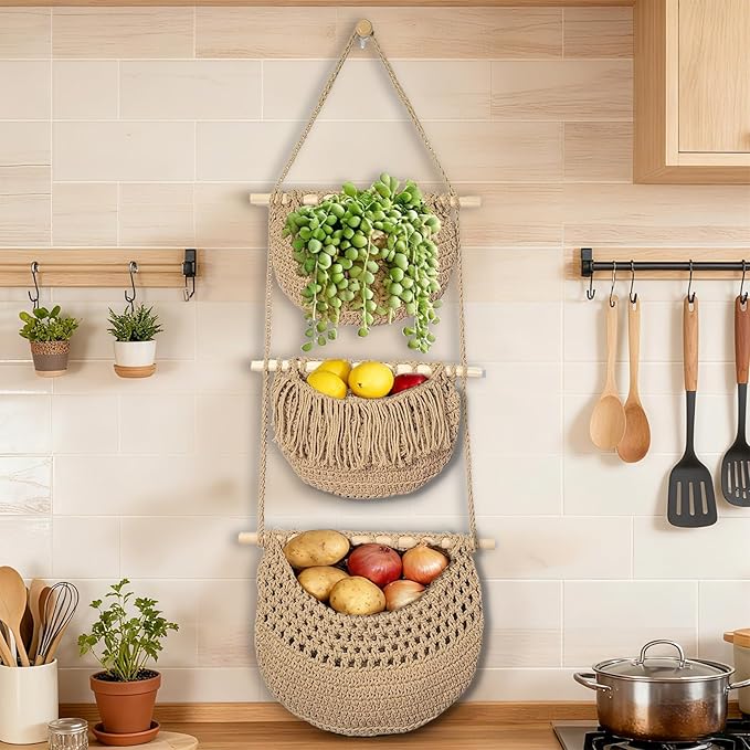 3 Tier Hanging Fruit Baskets for Kitchen, Boho Cotton Rope Handwoven Vegetable - Image 4
