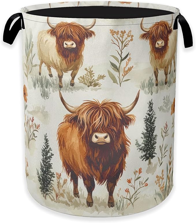 Laundry Hamper, Highland Cow Laundry Basket, Farmhouse Watercolor Flower by Unknown