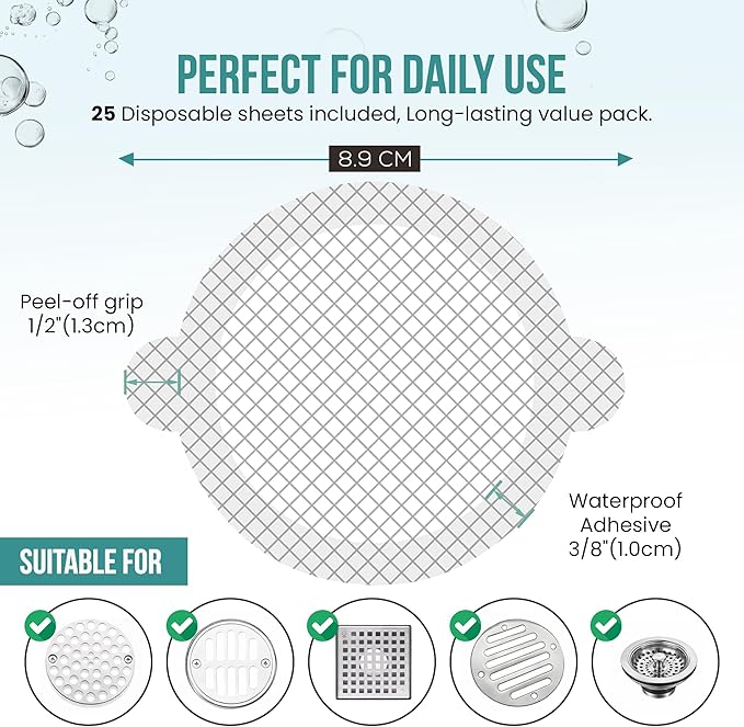 Disposable Shower Drain Hair Catcher Stickers – 25 Pack Peel & Stick Mesh Drain - Image 5