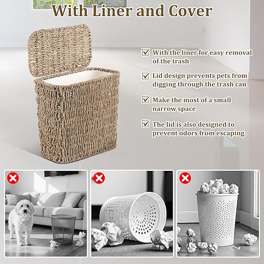 Wicker Waste Basket with Lid and Liner, Woven Seagrass Trash Can, Bathroom - Image 3