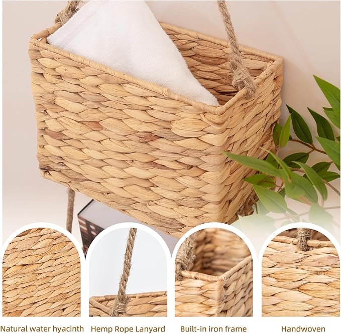 YAHUAN Water Hyacinth Hanging Basket 2-Tiered Woven Wicker Wall Basket Organizer - Image 5
