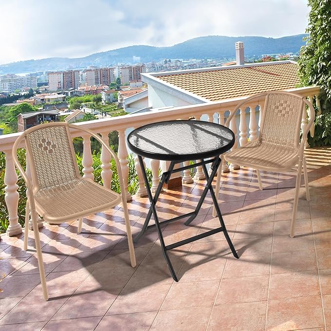 VINGLI PE Rattan Outdoor Dining Chairs Set of 2, Plastic Stackable Patio Chairs for Indoor, Porch, Restaurant, Garden,Champagne - Image 2