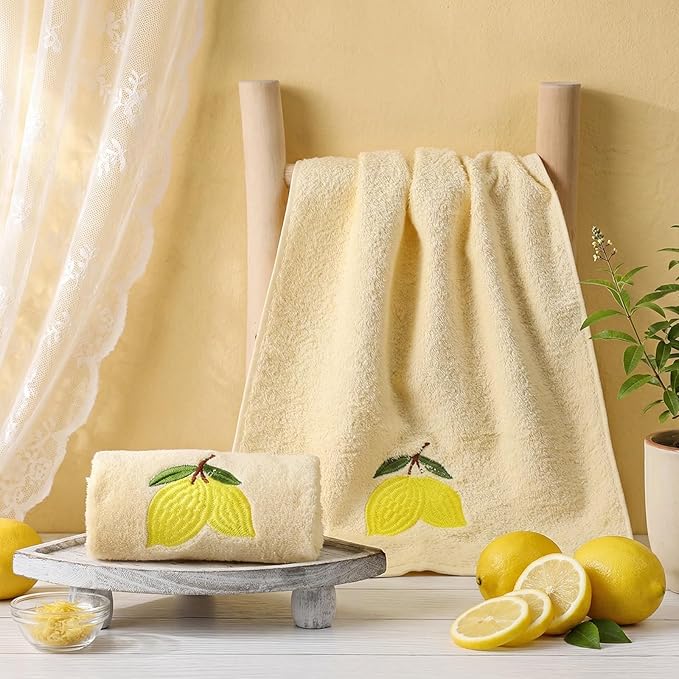 2 Pcs Lemon Hand Towels Lemon Yellow Bathroom Decor 14x29 Inch Embroidered 100% - Image 4