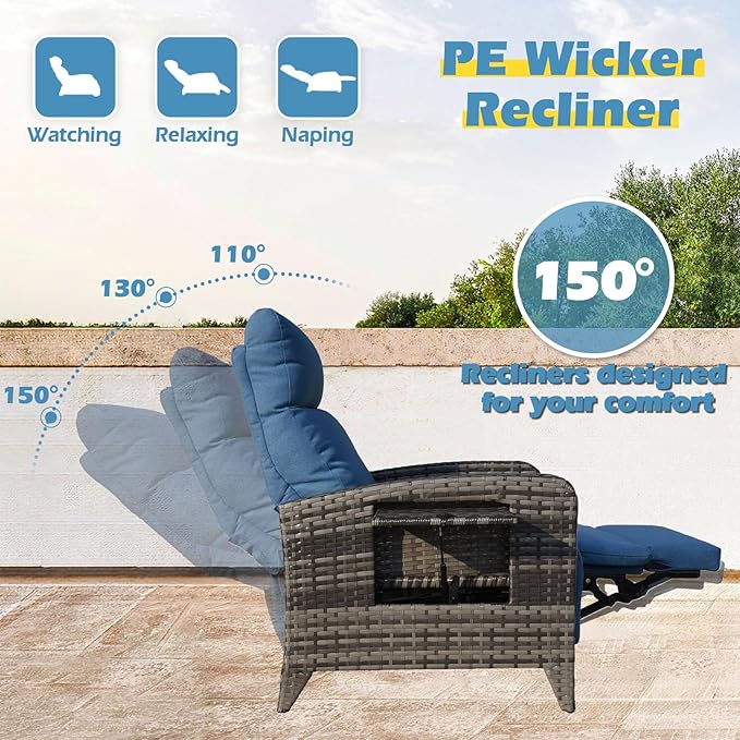Upgraded Outdoor Recliner Chair, Reclining Patio Chairs with Adjustable Back up to 150°Lay Flat and Extended Footrest, Wicker Recliner Chairs with Flip Table and Removable Olefin Cushion - Image 3