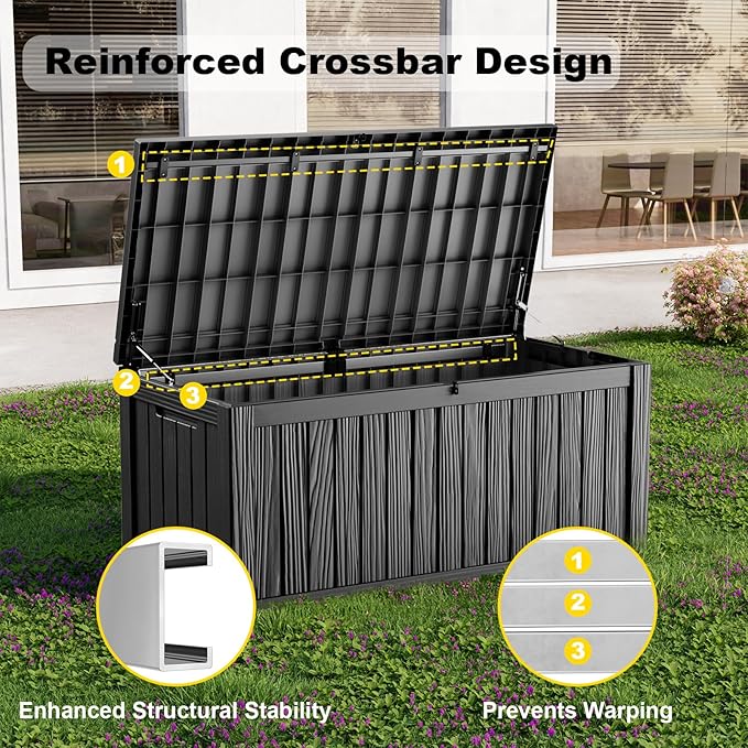 ROJIK 150 Gallon Outdoor Storage Box Waterproof - Patio Furniture Outside Deck Box, Garden Tools, Cushions, Pool Accessories Storage Bench with Lockable Lid and Side Handles (Black, 150 Gal) - Image 4