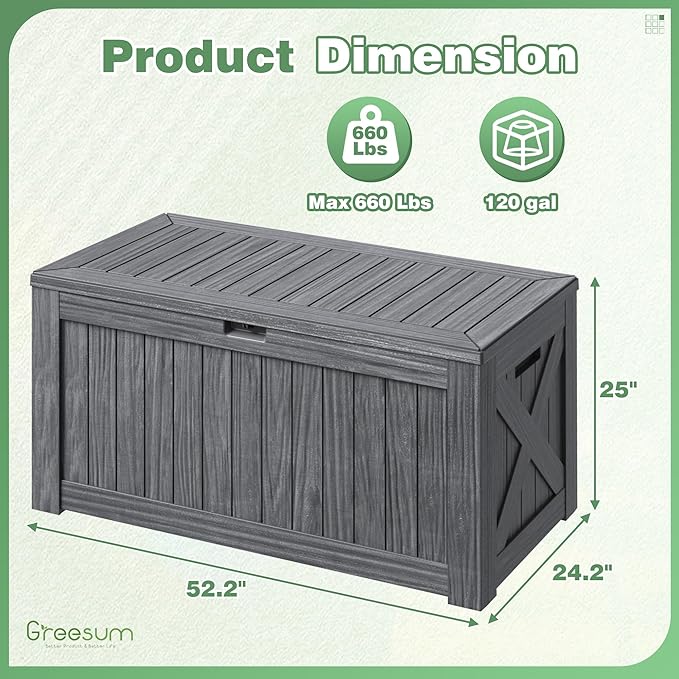 Greesum Outdoor Storage Box 120 Gallon Storage Bin with Lid for Patio Furniture, Garden Tools, Pool Supplies, Lockable, Waterproof and UV Resistant, Gray - Image 4