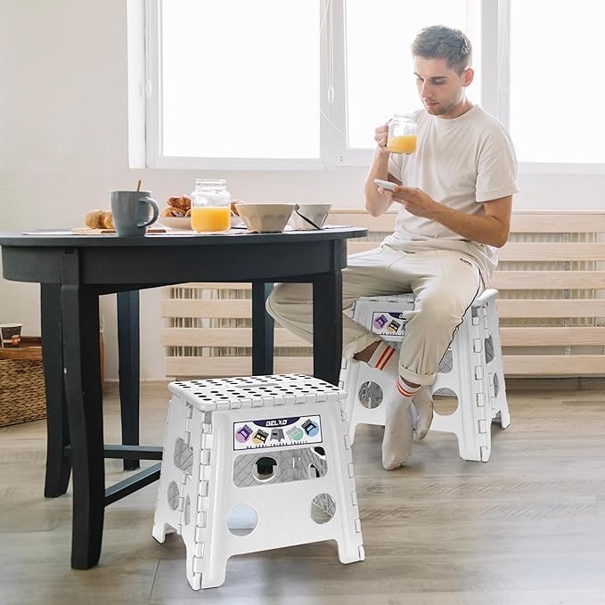 Delxo 13" Folding Step Stool for Kids and Adults, Non-Slip Foldable Step Stools with Handle,Plastic Portable Folding Stool for Bathroom,Bedroom,Kitchen,Hold up to 300lbs White - Image 3