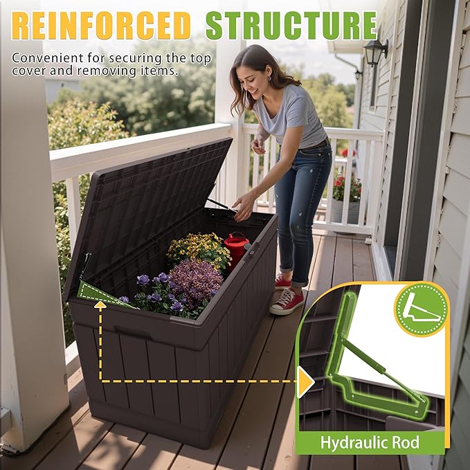 Greesum Outdoor Storage Box 82 Gallon Storage Bin with Lid for Patio Furniture, Garden Tools, Pool Supplies, Waterproof and UV Resistant, Lockable, Dark Brown - Image 5