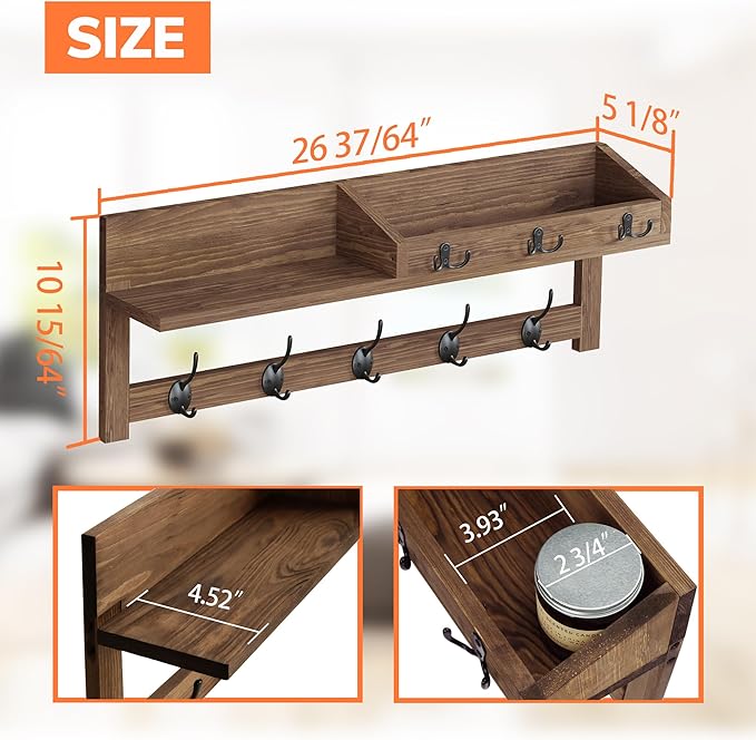 AMBIRD Wall Hooks with Shelf, 26.57 Inch Entryway Wood Coat Hooks - Image 6