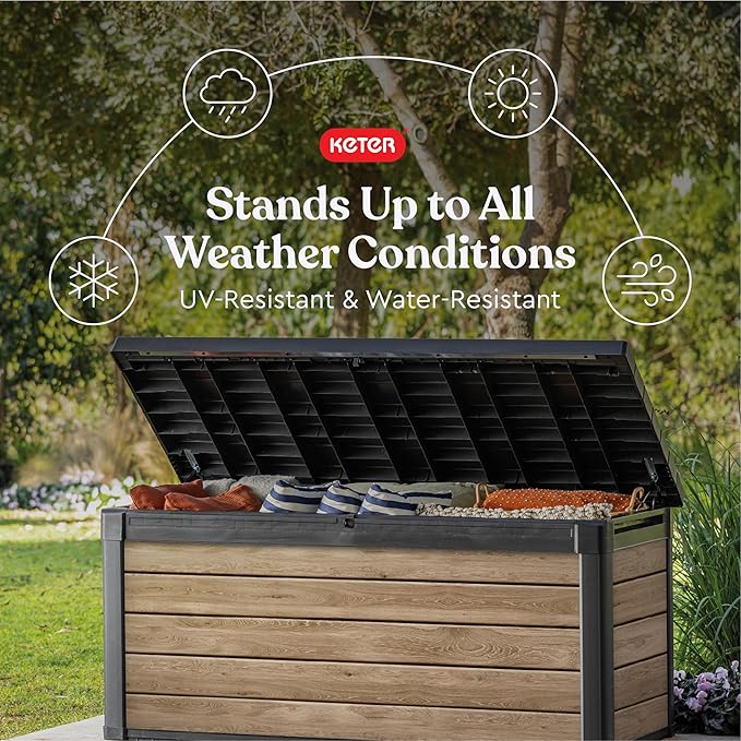 Keter Signature Collection 150 Gallon Resin Deck Box Organization and Storage Box for Patio Outdoor Cushions, Throw Pillows, Garden Tools and Pool Supplies, Ashwood - Image 3