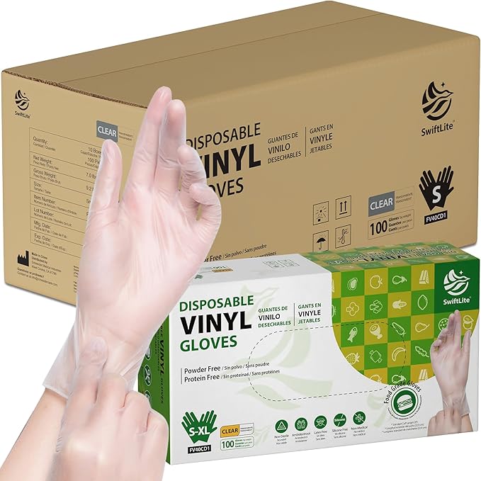 Disposable Vinyl Gloves, Food Safe, Latex-Free Powder-Free Clear Plastic Gloves by SWIFTLITE