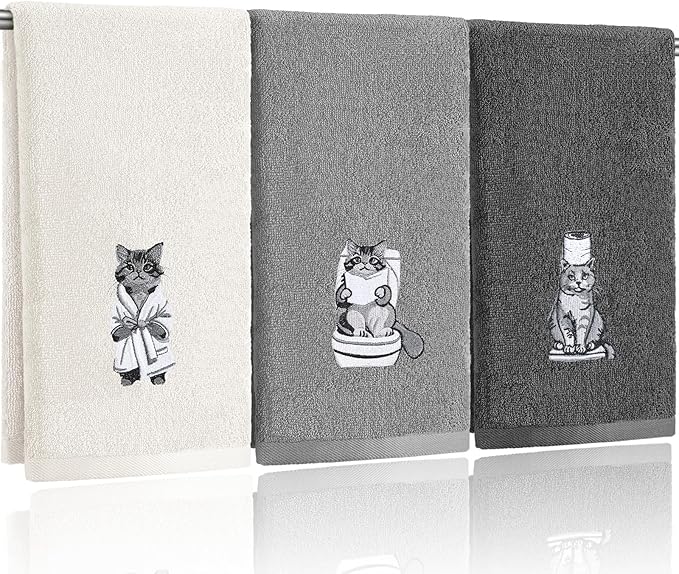 3 Pcs Cat Bathroom Hand Towels Set Cute Black Cat Embroidered Decorative Funny by Unknown
