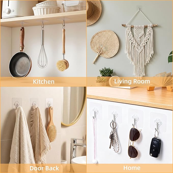 Adhesive Wall Hooks for Hanging, 50 Pack Heavy Duty Stainless Self Sticky Hooks - Image 3