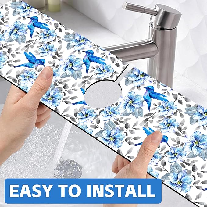Kitchen Sink Splash Guard Faucet Mat Blue Floral and Hummingbird Absorbent Fast - Image 6